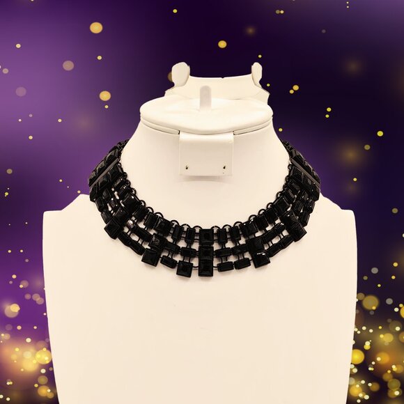 Natasha Black Geometric Multi-Strand Statement Necklace Chunky Resin Bib Collar - Picture 4 of 9